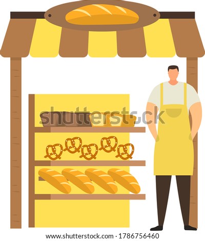 Professional baker male character in apron sell bakery product, urban street store kiosk, trade loaf and pastry isolated on white, flat vector illustration. Concept decoration baked goods stall.