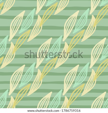 Pastel herbal seamless pattern with outline leaves. Green background with strips. Vector illustration. Trendy scandinavian design for fashion textile print, wallpaper, wrapping paper.