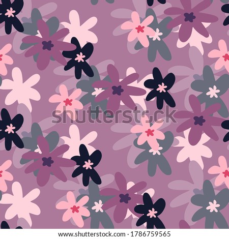 Chamomile flowers random seamless pattern. Purple background with pink, black and pastel colors botanic ornament. Vector illustration for textiles, wallpaper, web pages, wedding invitations.
