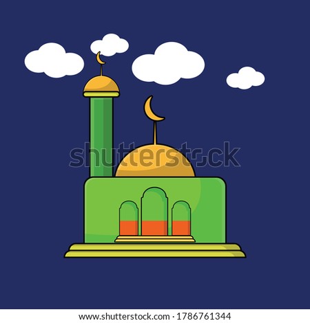 vector illustration of mosque, islamic center, green with blue background