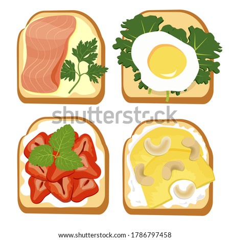 Toast party, healthy breakfast. Whole grain bread slices with egg, fish, fruit, seeds and nuts. Top view. Vector illustration of toast bread food snack lunch sandwich.