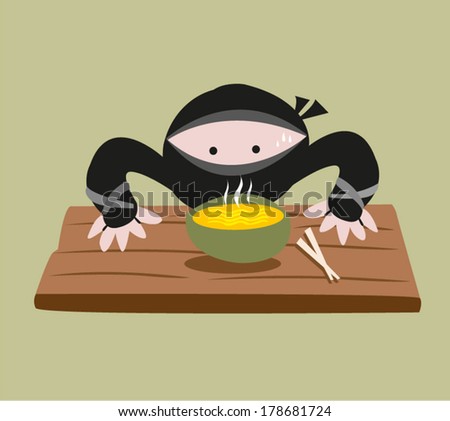 A cute Ninja smells the food on the table. EPS10 Vector Illustration. Editable Clip Art.