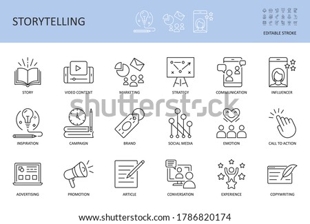Vector storytelling icons. Editable stroke. Story content marketing strategy, campaign advertising brand social media. Conversation promotion article inspiration, copywriting call to action influencer Royalty-Free Stock Photo #1786820174