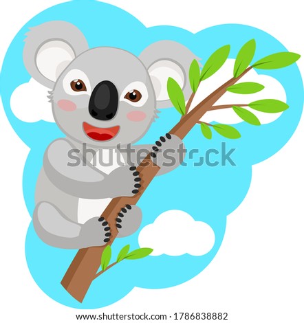 Koala sits on a branch with green leaves