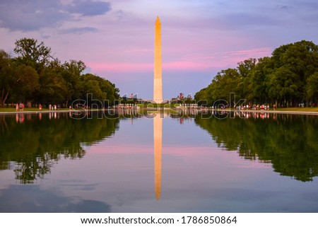 Reflection of the Washington Monument in the Reflecting Pool in Washington, D.C. at dusk
