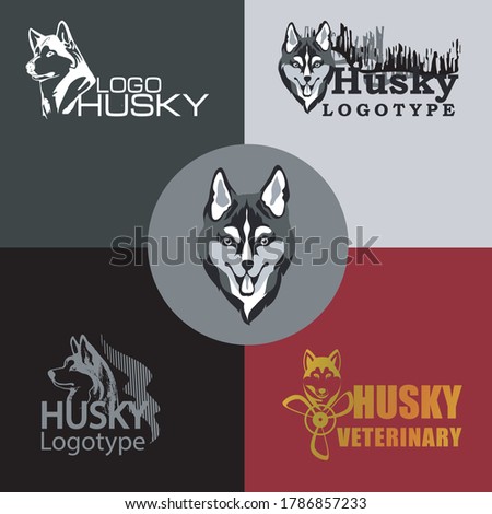 Graphic logos of Huskies, black and white for veterinary and travel companies, dog kennels