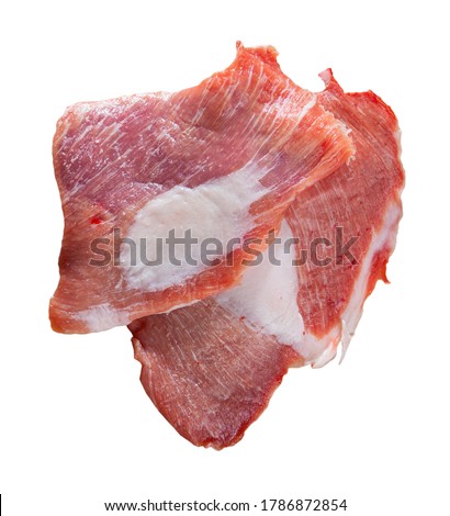 Raw slice of Iberian pork secret, small meat flap cut between shoulder and bacon of pig. Deli meats. Isolated over white background Royalty-Free Stock Photo #1786872854