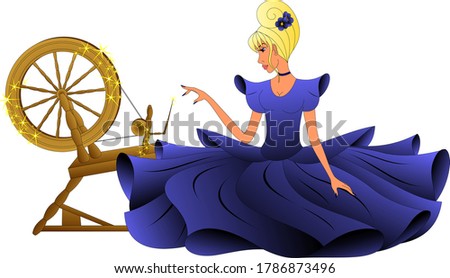 girl in a magnificent blue dress sits on the floor next to the spinning wheel Royalty-Free Stock Photo #1786873496