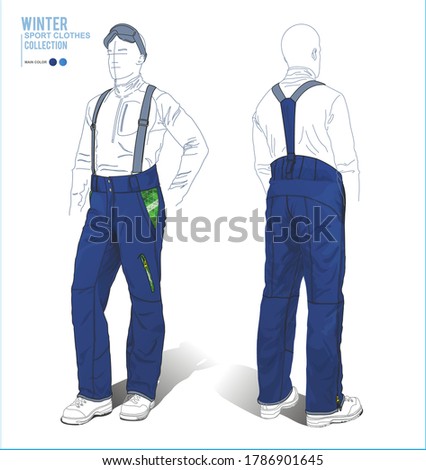Set of clothes. Men's ski suit, winter snowboarder trousers. Realistic vector sketch of a man.