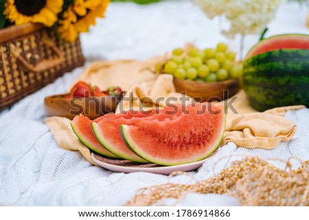 Summer picnic concept on sunny day with watermelon, fruit, bouquet hydrangea and sunflowers flowers. Picnic basket on grass with food and refreshing summer drink on knit blanket. Selective focus