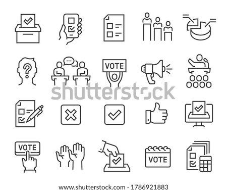 Voting and Election Icons Set. Collection of linear simple web icons such as Form, Online Voting, Debate, Candidate Rating, Vote Count and others. Editable vector stroke. Royalty-Free Stock Photo #1786921883