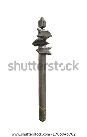 Wooden post with three direction signs on white isolated background