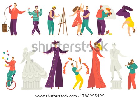 Street artist vector illustration set. Cartoon flat active artist characters performing show, acrobat juggling balls, musician playing music and singing. Artistic street performance isolated on white