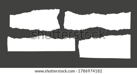 White ripped note, notebook paper stuck with sticky tape on black background. Royalty-Free Stock Photo #1786974182