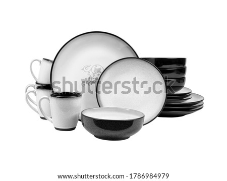 close up view of nice cookware set on white background, kitchenware set. ivory cookware set Royalty-Free Stock Photo #1786984979