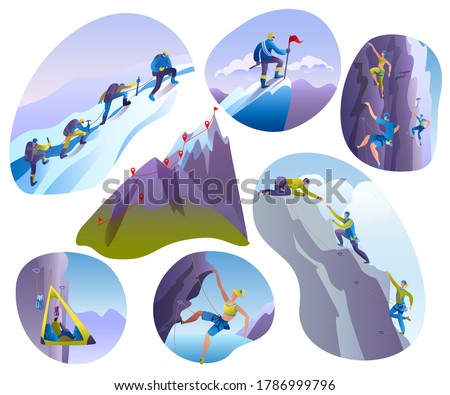 Mountain climbing people vector illustrations isolated on white set. Climber climbs rock wall or mountainous cliff and people in extreme sport, mountaineer character mounts, mountaineering.