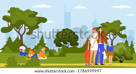 Family together walking outdoor in city park and picnic, eating, having fun together, vacation and leisure cartoon vector illustration. Family father mother, son and daughter together in park.