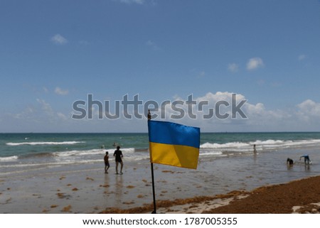 Beautiful National Flag of Ukraine on Tropical Beach
