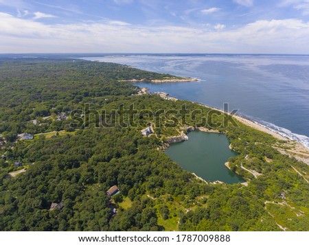 Halibut Point State Park and grainy quarry aerial view and the coast aerial view in town of Rockport, Massachusetts MA, USA.