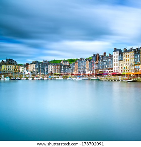 Honfleur famous village harbor skyline and water reflection. Normandy, France, Europe. Long exposure.
