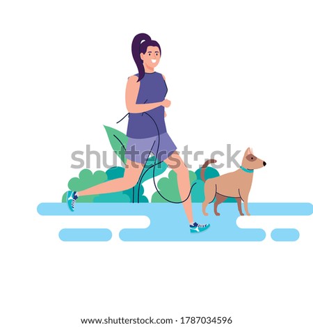 woman running with dog outdoor, on white background vector illustration design
