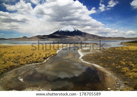 Lauca National Park, Chile, South America Volcano Parinacota and Lake Chungara in Chile's Andean range