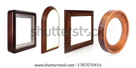 Set of wooden frames for paintings, mirrors or photo in perspective view isolated on white background