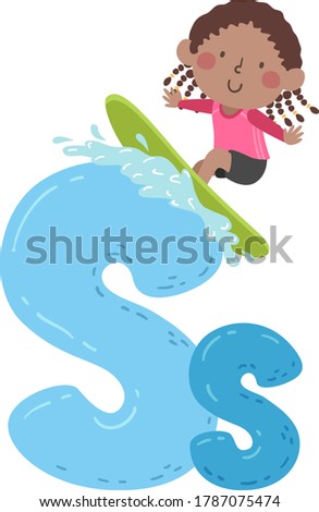 Illustration of a Kid Girl Surfing. Surfing Alphabet