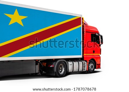 Big  truck with the national flag of  Democratic Republic of the Congo on white isolated background, side view. Concept of export-import,transportation, national delivery of goods