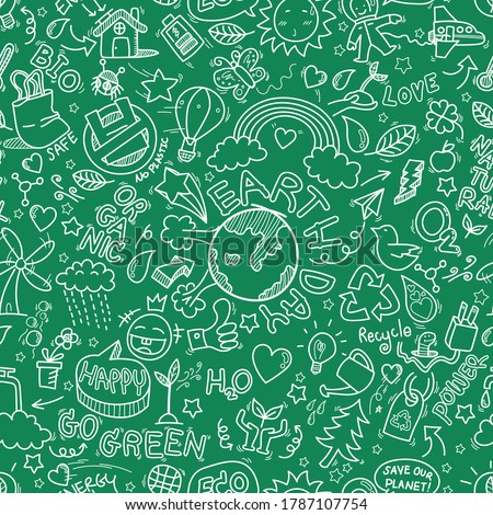 Earth day doodles seamless pattern background. hand drawn of Earth day, Ecology , go green, clean power doodle set isolated on green background, doodles sketch illustration vector Royalty-Free Stock Photo #1787107754