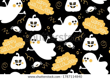 Cute stylish Halloween pattern. On  black background lettering, white ghost, spider, pumpkin with faces. For printing on fabric, digital paper, packaging of sweets. Vector illustration, doodle