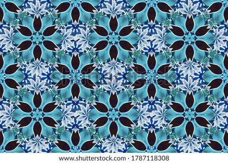 Art inspineutral, brown and blue style flowers and leaves background. Doodle flowers seamless pattern. Neutral, brown and blue hand drawn pattern. Raster pattern.