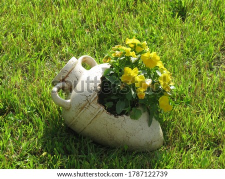 Broken amphora in a flowerbed with yellow pansies