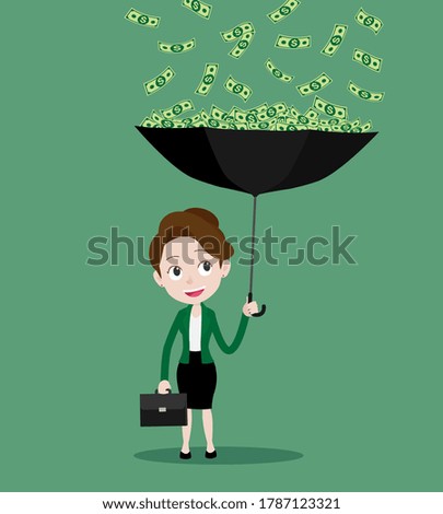 Businesswoman with umbrella and standing under the rain of money, Cartoon vector illustration