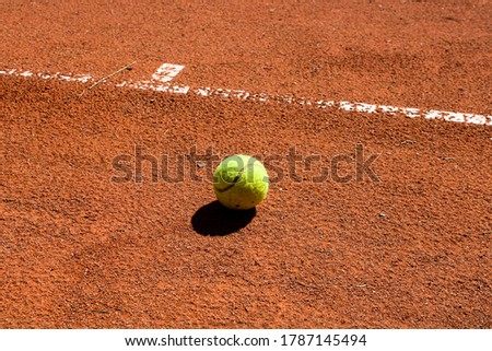 Photograph of a clay tennis court in summer.