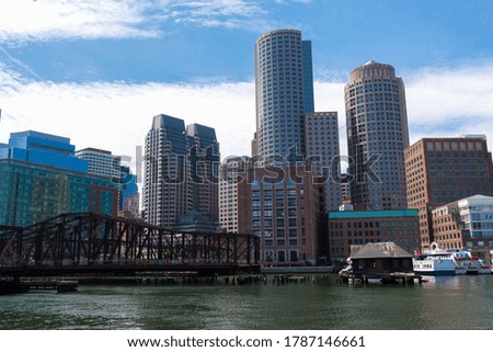 Panoramic view of the Boston Harbor on summer in Boston, Massachusetts, USA .