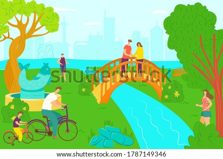 Park activity and happy leisure, vector illustration. Adult people at garden, summer walk on green grass nature. Lifestyle day walk, man woman ar flat outdoors beautiful river and tree.