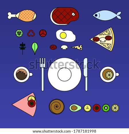 
Schematic representation of food, fruits, vegetables. Set of food icons and symbols for restaurants, cafes.