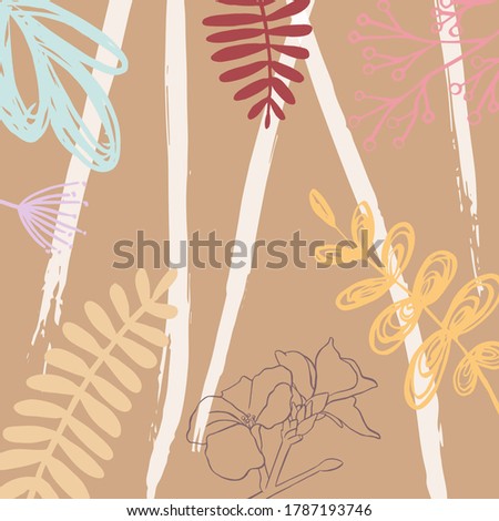 floral abstract beige (brown) background with leaves, branches, flowers. vector illustration hand drawn grunge plant texture