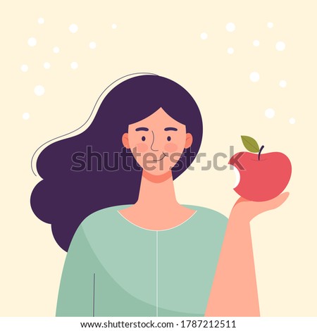 Woman is eating an apple. Diet food, healthy lifestyle, vegetarian food, raw food diet. Student snack. Flat cartoon vector illustration. Royalty-Free Stock Photo #1787212511