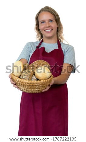 Happy blond woman with bread rolls from the bakery isolated on white background for cut out
