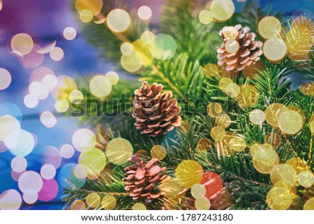 Christmas background, shishbka on a wooden board with a beautiful background