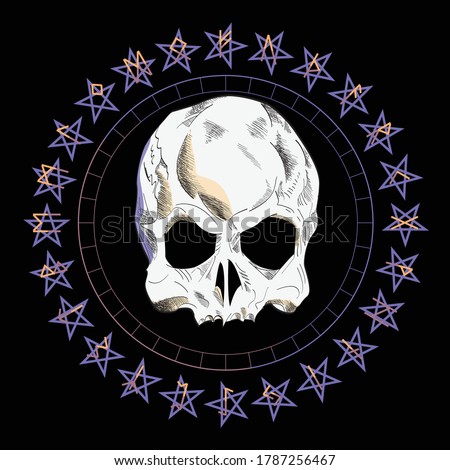 T-shirt vector design of a skull over an inverted star and runic characters isolated on black	
