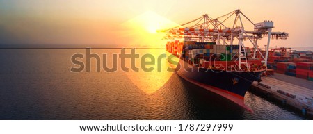 Container smart ship in the international terminal yard depot sea port at sunrise , Cargo ship with medical icons concept illness insurance  safety and insurance webinar banner