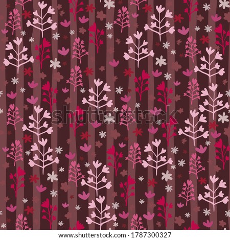Burgundy tones seamless pattern with forest theme. Pink and red branches and flowers silhouettes on stripped background. Decorative backdrop for wallpaper,textile print, fabric. Vector illustration.