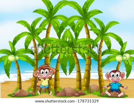 Illustration of a beach with coconut trees and playful monkeys