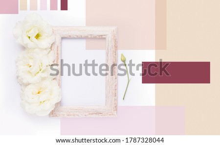 Mood Board with mockup. White delicate flowers in a wooden frame