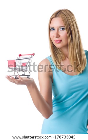 Woman with shopping cart isolated on white