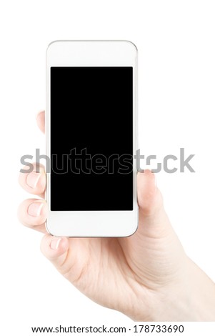 Hand holding white smartphone with black screen