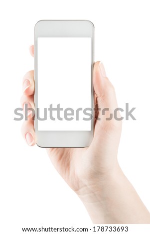 Hand holding white smartphone alike smart phone with blank screen
